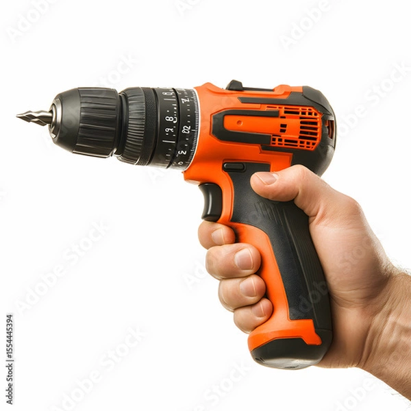 Fototapeta A male hand gripping a cordless drill with a focus on the tool handle, isolated on a clean white background