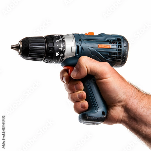 Fototapeta A male hand gripping a cordless drill with a focus on the tool handle, isolated on a clean white background