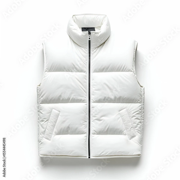 Fototapeta A male outerwear jacket in white nylon with goose down padding, sleeveless, featuring a stand collar and front zipper closure, isolated on a white background