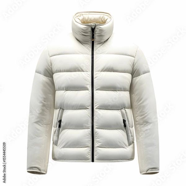 Fototapeta A male outerwear jacket in white nylon with goose down padding, sleeveless, featuring a stand collar and front zipper closure, isolated on a white background