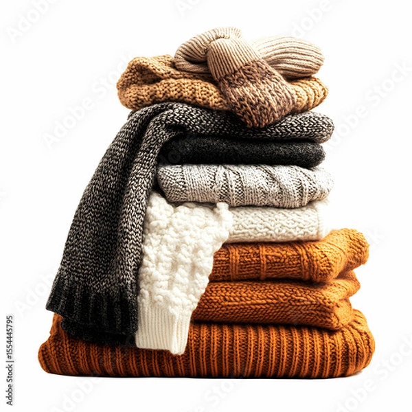 Fototapeta A neat stack of cozy winter clothes, including sweaters, scarves, and gloves, isolated on a clean white background