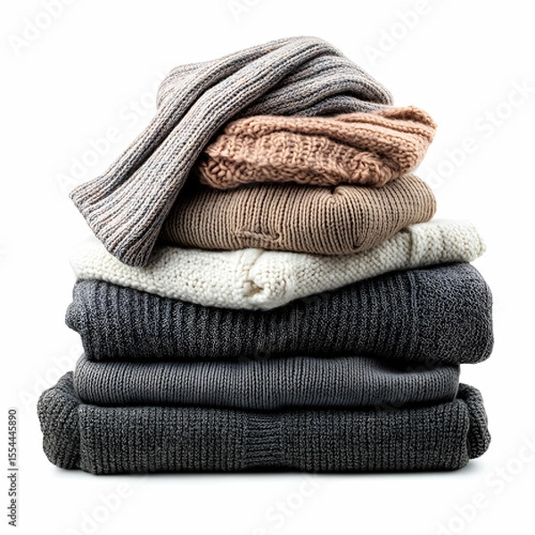 Fototapeta A neat stack of cozy winter clothes, including sweaters, scarves, and gloves, isolated on a clean white background