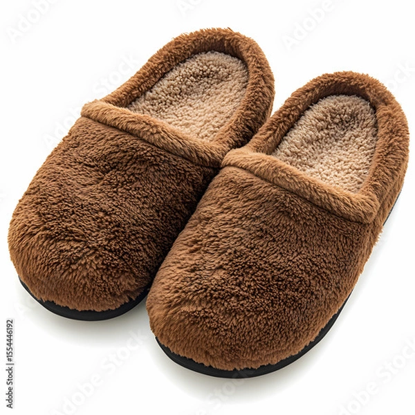 Fototapeta A pair of cozy brown house slippers with a soft, plush interior, isolated on a white background