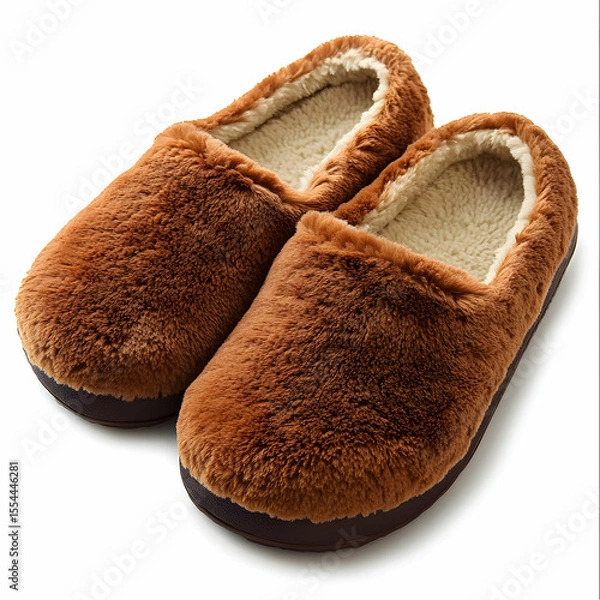Fototapeta A pair of cozy brown house slippers with a soft, plush interior, isolated on a white background