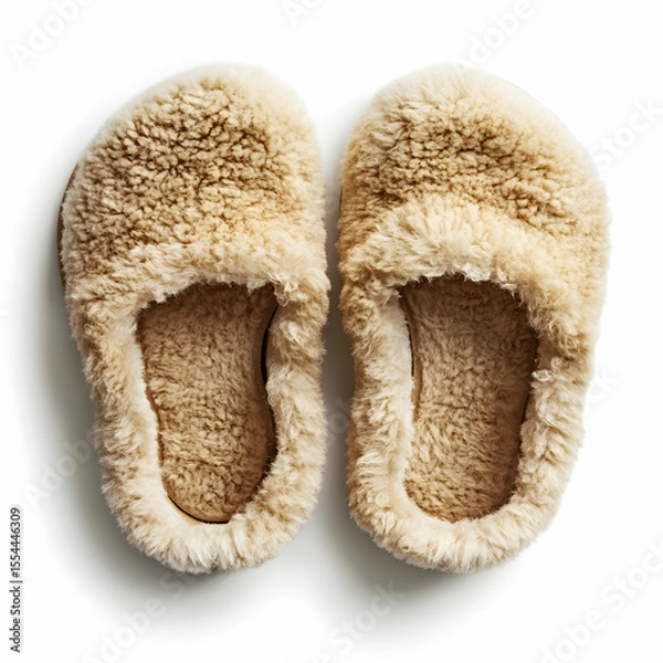 Fototapeta A pair of cozy sheepskin slippers, showcasing their soft texture, isolated on a clean white background