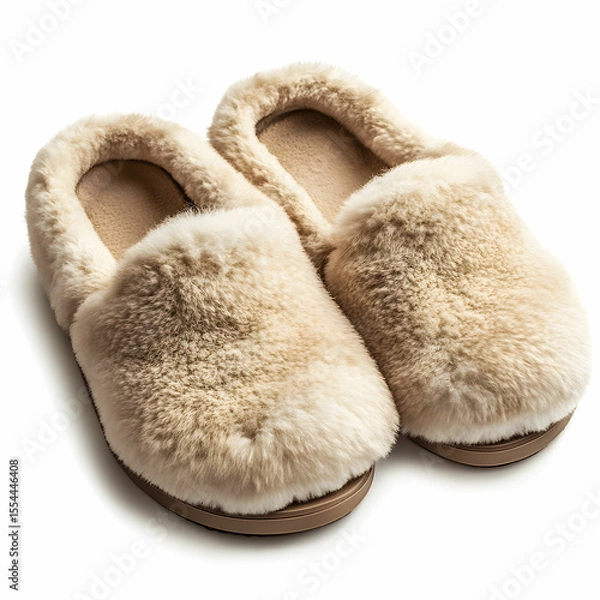 Fototapeta A pair of cozy sheepskin slippers, showcasing their soft texture, isolated on a clean white background