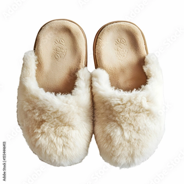 Fototapeta A pair of cozy sheepskin slippers, showcasing their soft texture, isolated on a clean white background