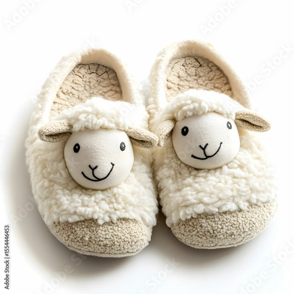 Fototapeta A pair of cozy women slippers with a soft fleece lining, overlooking a cute sheep, isolated on a white background