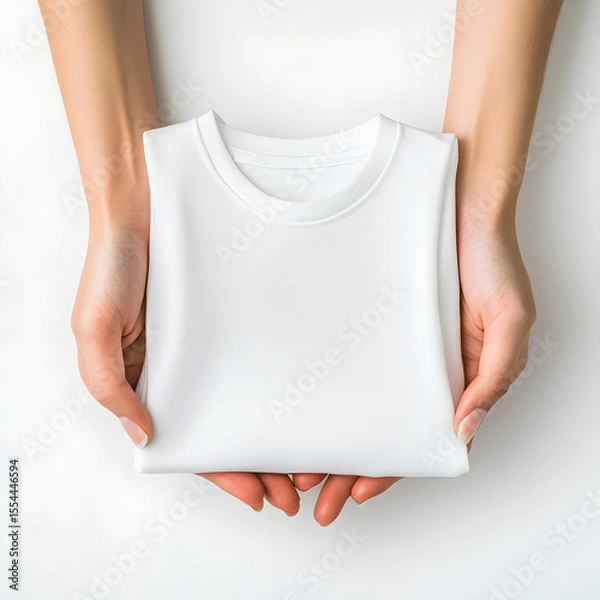 Fototapeta A pair of delicate female hands holding a neatly folded t-shirt, isolated on a white background, showcasing the soft fabric