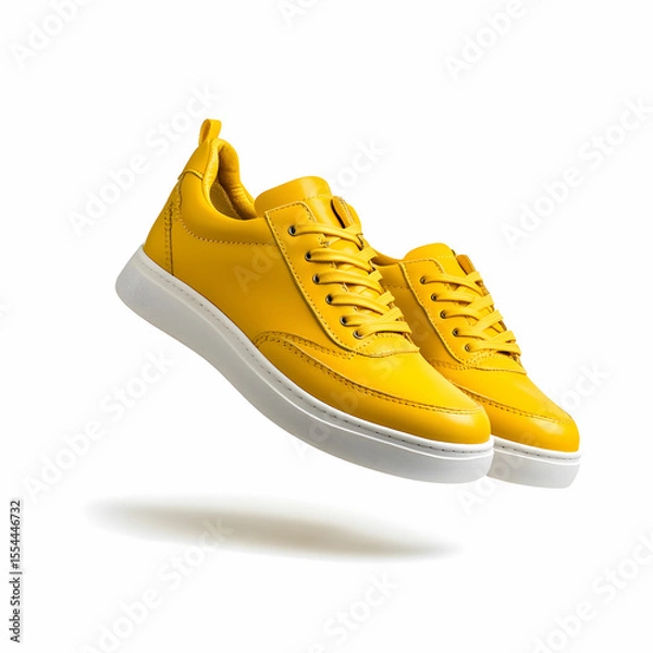Fototapeta A pair of flying yellow leather women's sneakers, isolated on a clean white background