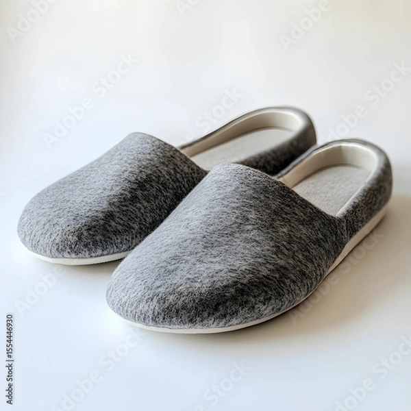 Fototapeta A pair of gray slippers for men, isolated on a clean white background, showcasing their simple design