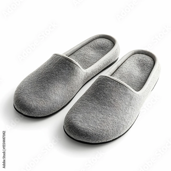 Fototapeta A pair of gray slippers for men, isolated on a clean white background, showcasing their simple design