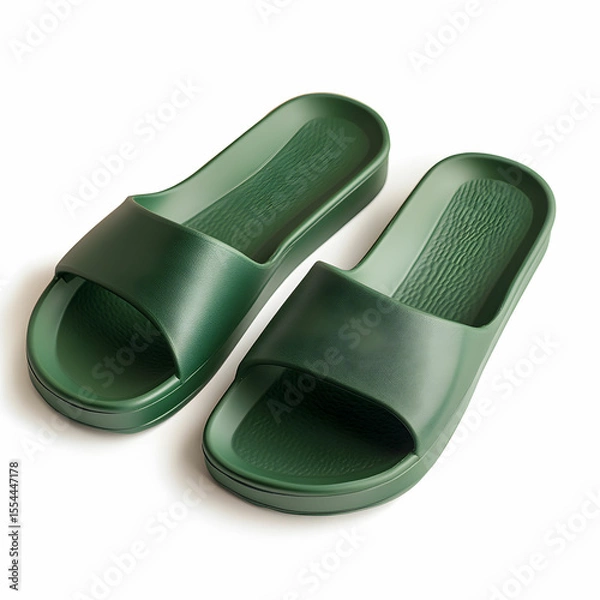Fototapeta A pair of green rubber slippers with a sleek design, isolated on a white background