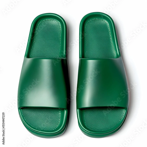 Fototapeta A pair of green rubber slippers with a sleek design, isolated on a white background