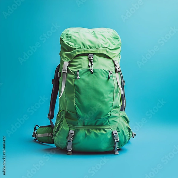 Fototapeta A green hiking backpack, isolated in front of a light blue background