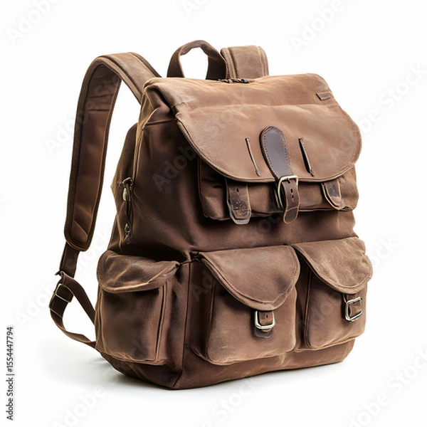 Fototapeta A large brown backpack with multiple pockets, isolated on a clean white background