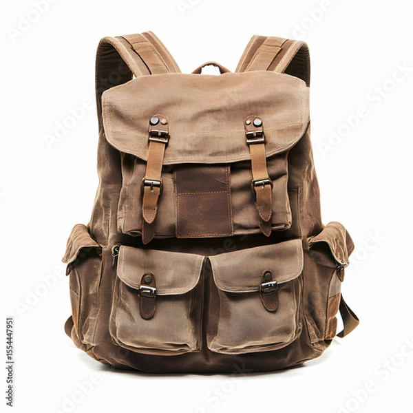 Fototapeta A large brown backpack with multiple pockets, isolated on a clean white background