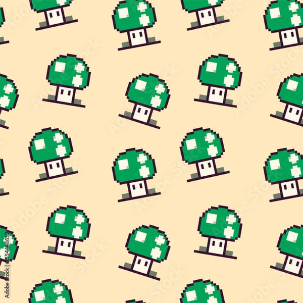 Obraz Green mushroom pattern featuring pixel art design on a light background in a seamless arrangement