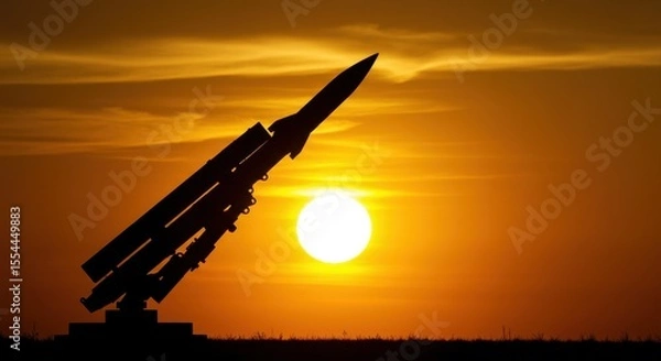 Fototapeta Silhouette of a ballistic rocket soaring against a vibrant sunset sky. A powerful and symbolic scene perfect for topics of war, defense, and global tension