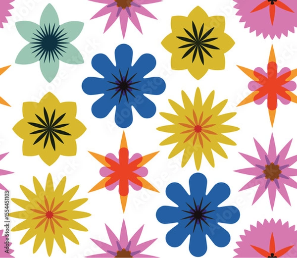 Fototapeta Colorful floral seamless vector pattern creating a lively and vibrant design, featuring various geometric flower shapes and colors, suitable for textile, wallpaper, or other decorative applications