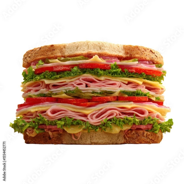 Fototapeta Freshly Made Layered Sandwich with Vegetables and Deli Meats on Toasted Bread Slice