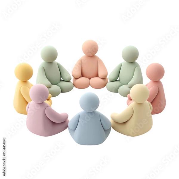 Fototapeta Group of pastel-colored 3D figures sitting in a circle representing unity, collaboration, and emotional support in a serene environment