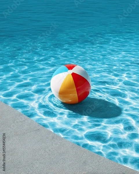 Obraz Beach ball floats in clear blue water, beside a stone pool edge