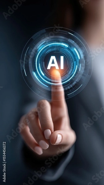 Obraz Hand touches futuristic AI interface, glowing blue circles, bright center