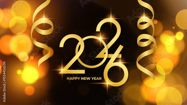Obraz 2026 Happy New Year festive background. Golden ribbons and bright blurred bokeh lights. Vector illustration.