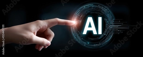 Obraz Finger touches 'AI' on glowing, futuristic circle against a dark background