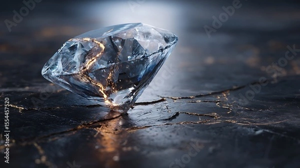 Fototapeta Sparkling Diamond on Cracked Surface with Golden Veins CloseUp, Detailed Gemstone