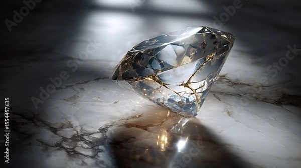 Fototapeta Sparkling Faceted Diamond on Marble Surface, Illuminated by Soft Light, Creating Reflections and Shadows