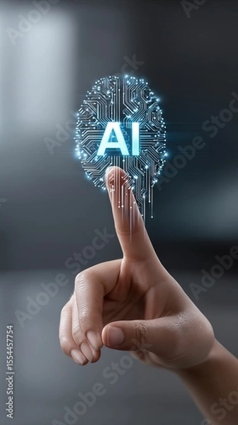 Obraz A finger touching a glowing digital brain with AI text overlayed on it