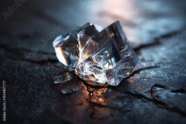 Fototapeta Sparkling Ice Crystal Formation on Dark Textured Surface with Reflective Highlights and Shadows