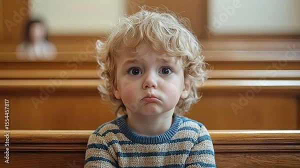 Obraz A young Caucasian boy with curly blond hair sits in a wooden pew, looking concerned. A girl is visible in the background, creating a classroom-like atmosphere.