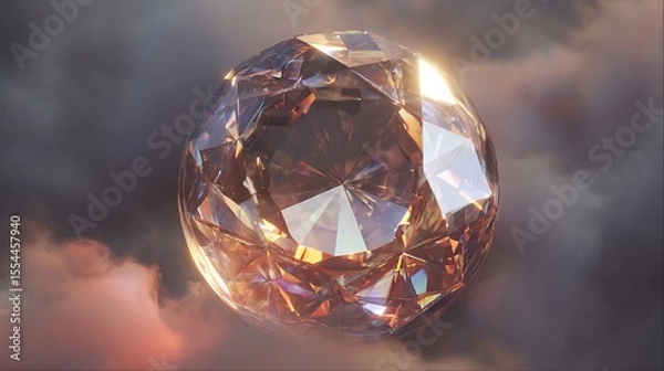 Fototapeta Sparkling RoundCut Diamond Reflecting Golden Light Against Dramatic Cloudy Sky Background Gemstone