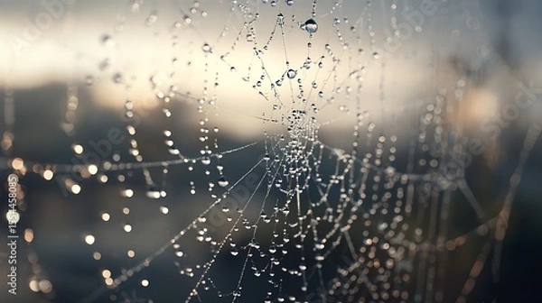 Fototapeta Spiderweb Covered in Dewdrops at Dawn, Nature's Delicate Beauty on Display Macro Shot