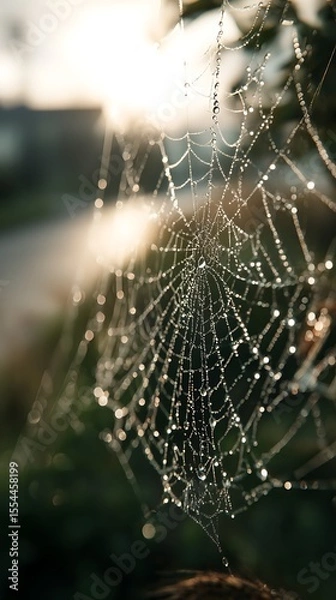 Fototapeta Spiderweb Covered in Dewdrops Glitters in Morning Sunlight, Against Green Bokeh Background, Detailed Macro