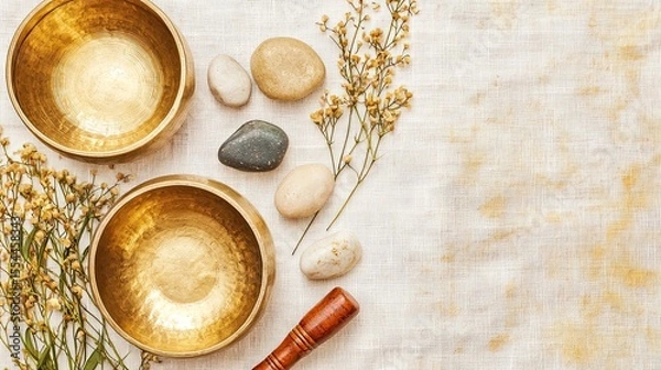 Obraz Two golden singing bowls placed on a textured surface with smooth stones and dried flowers nearby. A wooden mallet rests beside the bowls.