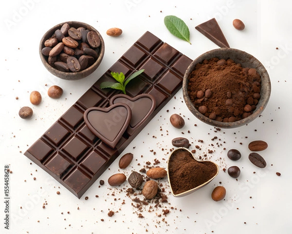 Fototapeta Dark chocolate bar with hearts, cocoa beans and powder, composition on white background.
