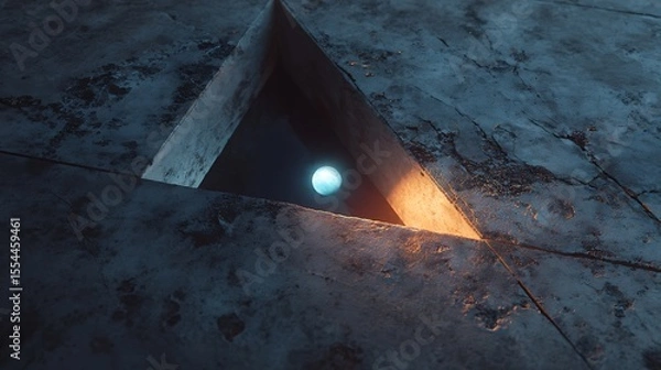 Fototapeta Triangular Concrete Structure Framing a Glowing Orb of Light in the Darkness