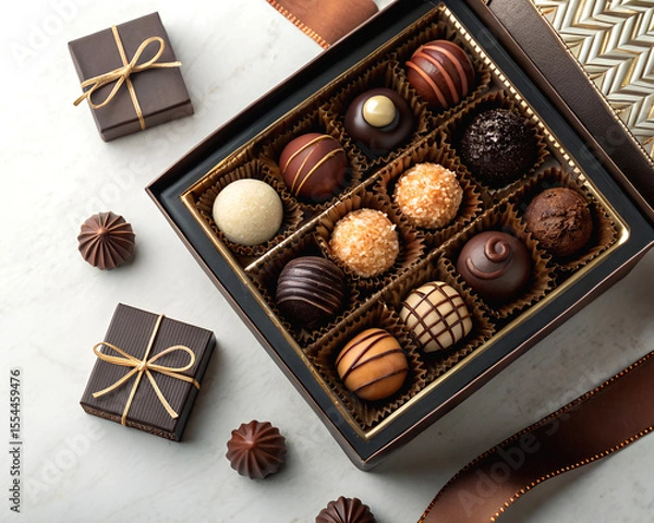 Fototapeta Assorted luxury truffles and pralines in gift box, soft shadows, high detail.