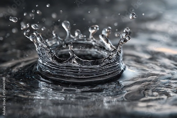 Fototapeta Water Drop Impact CrownShaped Splash with Droplets and Ripples in a Dark Environment