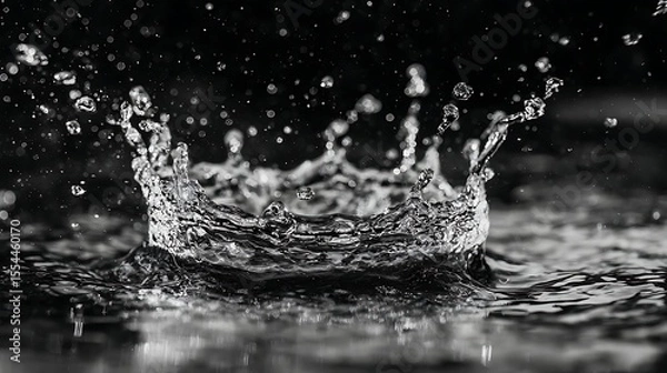 Fototapeta Water Drop Impact Monochrome CloseUp of Splash, Creating a Crownlike Form, with Droplets