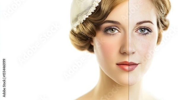 Obraz A young Caucasian woman with vintage flapper style on one side and modern Hollywood glamour on the other. The image showcases contrasting beauty trends across generations.