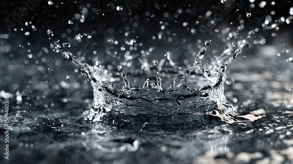 Fototapeta Water Droplet Impact Crown Splash, Ripples, and Blurred Bubbles in Macro Photography Style