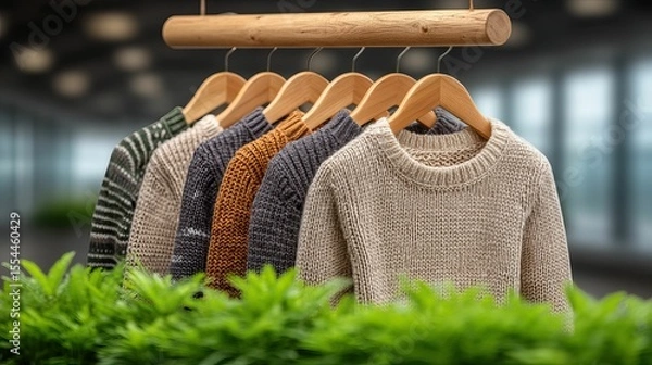 Obraz Sweaters on a rack with greenery sit indoors by blurred windows