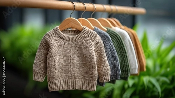 Obraz Baby sweaters on hangers against a green foliage background, soft focus