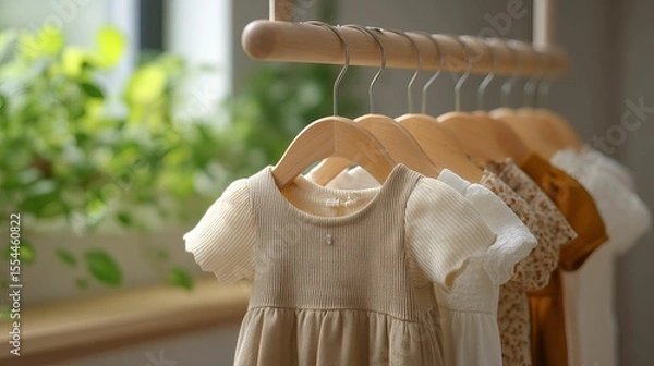 Obraz Soft focus dresses on wooden rack with bright green plant background