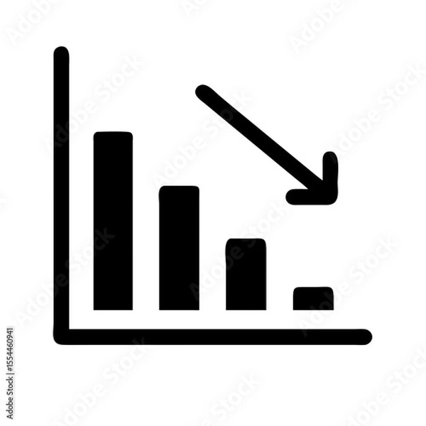 Obraz Black icon showing a bar chart with decreasing bars and a downward arrow, representing financial loss, decline, or negative performance trend.
